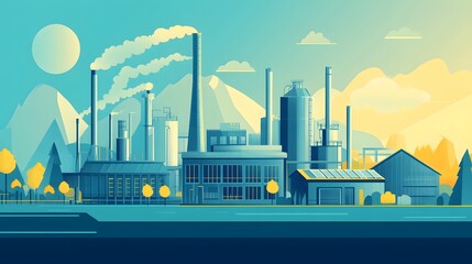 Obraz premium A man in an orange vest stands in front of a large industrial plant. The sky is orange and the sun is setting. The man is wearing a hard hat and he is a worker at the plant