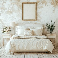White Bed with Pillow and Duvet in Elegant Room with Vintage Decor