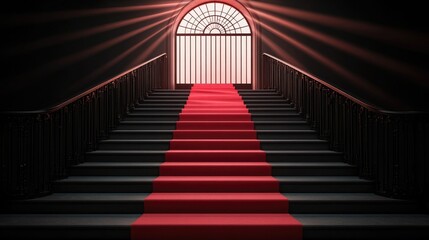 Naklejka premium A grand staircase with a red carpet leading to a radiant doorway, illuminated by beams of light, evoking elegance and mystique.