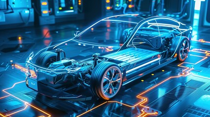 Modern Automotive Technology Core: Electric Car Lithium Battery Pack Illustrated with Power Connections in Vibrant Blue Tone