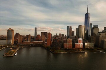 Fototapeta premium New York City skyline. Manhattan Skyscrapers in NYC, aerial panorama view from Hudson Piver.