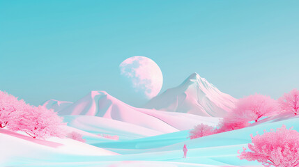 3D futuristic space a person in land with wavy mountains pink trees and huge sun moon planet sphere in the sky as fantasy fashion landscape for digital painting dreamy travel vibrant green background