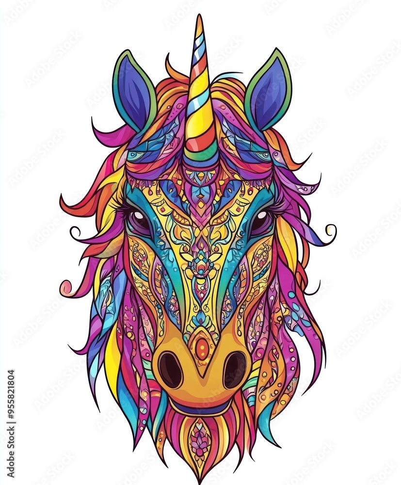 Canvas Prints A vibrant, colorful illustration of a unicorn's head with intricate patterns and details.