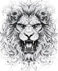 Obraz premium A fierce lion's head illustration with intricate details and floral elements.
