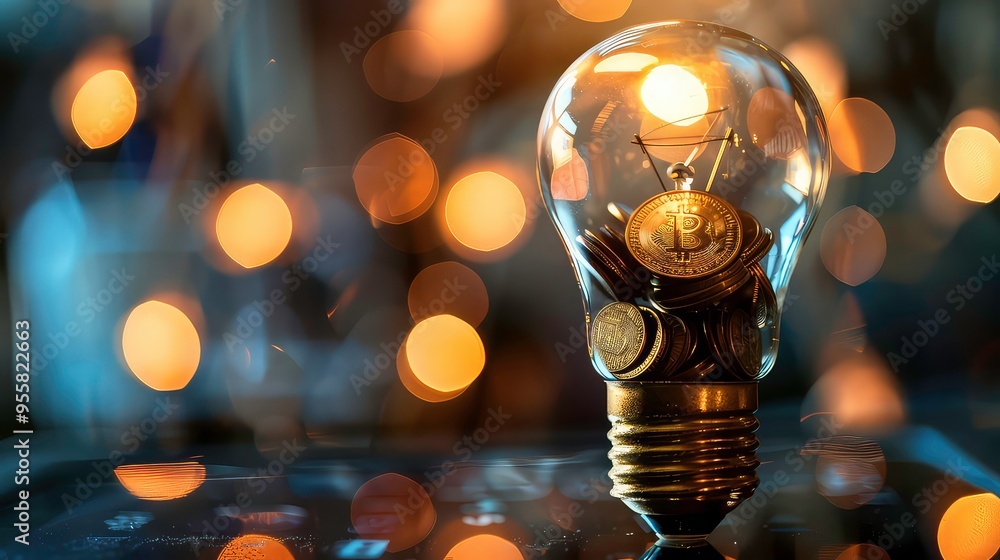Poster a light bulb filled with bitcoin coins on a reflective surface with blurred lights in the background