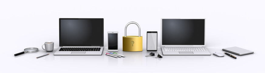 Fototapeta premium パソコン機器と南京錠、情報機器のセキュリティイメージ