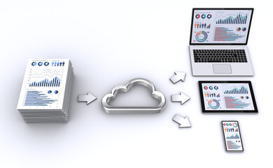 ビジネス資料とクラウドアイコンとパソコン機器、クラウドストレージサービスの流れ図