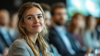 Fototapeta premium Business professionals seated in a row, attentively listening to a presentation at a conference or meeting, highlighting the focus and engagement of attendees.