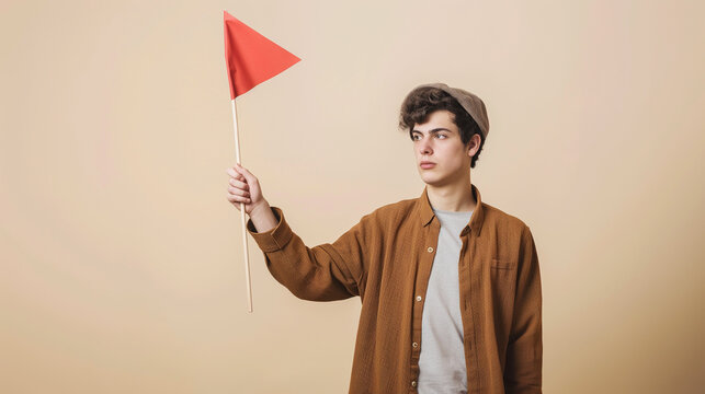 a young man holding a small red flag standing against neutral background in studio