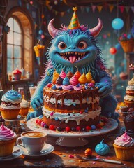 Fototapeta premium Little monster with a birthday cake.