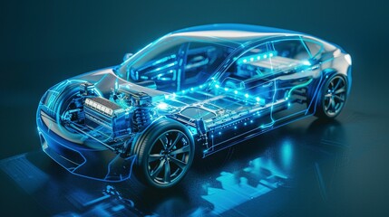 Illustration of an Electric Car Lithium Battery Pack with Power Connections: Core of Modern Automotive Technology in Vibrant Blue Tone