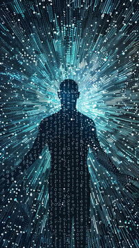 3D human silhouette composed of binary code eays exploding with information data flow for business and technology blue poster