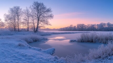 Frozen Riverbank at Dawn with Bare Trees and a Pink Sky