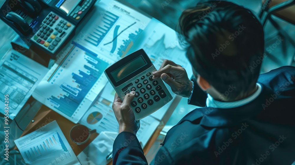 Poster businessperson calculating figures on a calculator over a desk with graphs and charts.