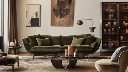 Living room with a deep olive green sofa, beige walls, and dark wood accents. home interior design concept 
