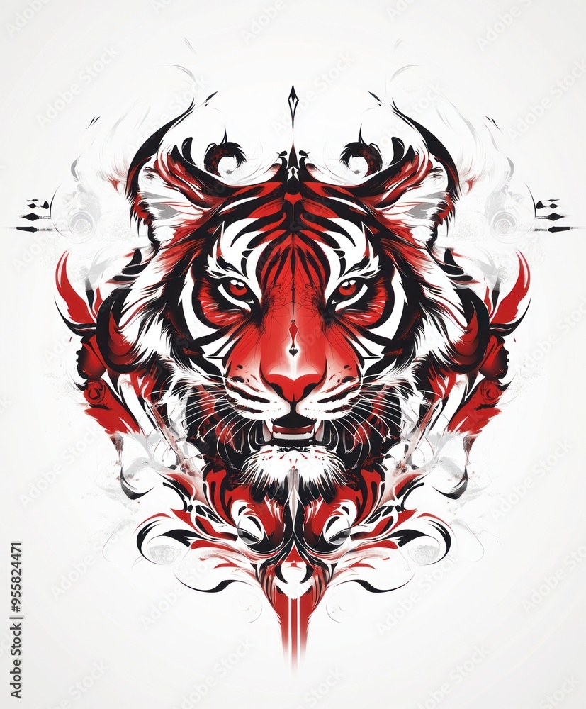 Poster A stylized tiger illustration with intricate designs in red and black.