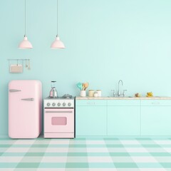 Pastel Kitchen Interior with Retro Appliances and Checkered Floor