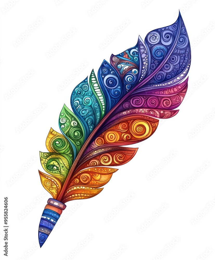 Canvas Prints A colorful, decorative feather design featuring intricate swirls and patterns.