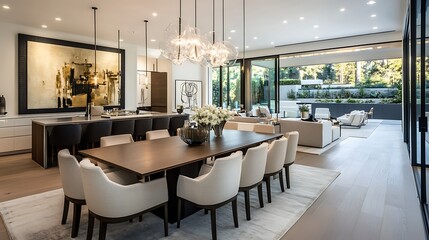 Fototapeta premium Contemporary Dining Room with Large Table, Stylish Chairs, and Chandelier