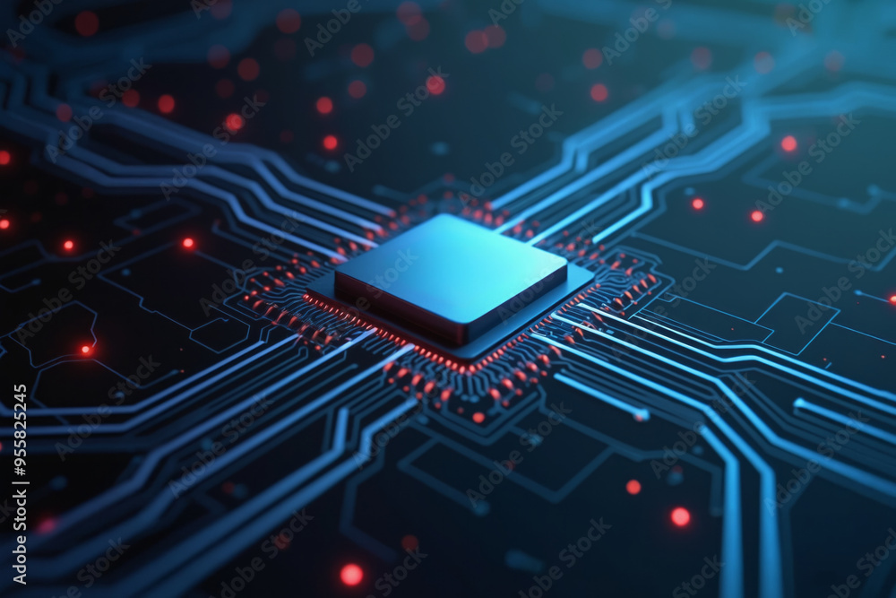 Poster a computer chip sits in the center of a circuit board, surrounded by red and blue lights forming a g