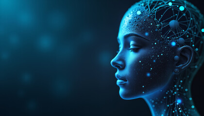Woman’s head in profile with eyes closed, surrounded by a network of dots and lines on a dark blue background, symbolizing the potential of artificial intelligence.