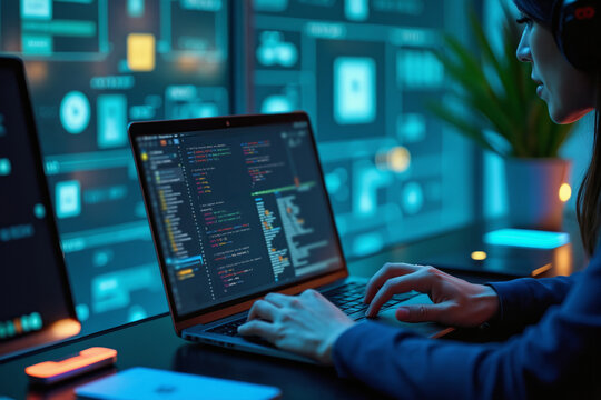woman working on coding JavaScript program on laptop in modern, tech-filled workspace. screen displays lines of code, creating a high-tech atmosphere, programming, software development, technology.