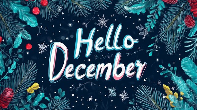 Cozy winter illustration on the theme "Hello December."