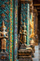 Fototapeta premium Ornate Mosaic Detail of a Golden Buddha Statue in a Temple