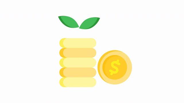 Animated coin stack with a plant growing out of it. Suitable for finance, investment, growth concepts, environmental and sustainable finance themes.

