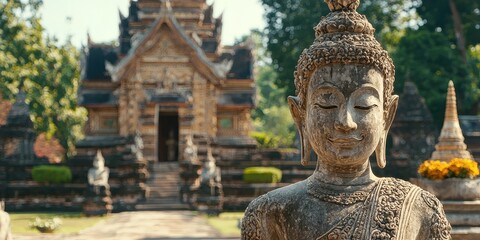 Ancient Buddha Statue in Temple with Blurred Background