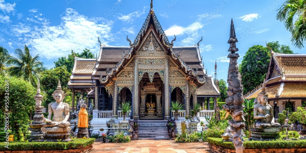 Canvas Prints Traditional Thai Temple with Golden Decor and Statues