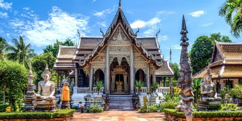 Obraz premium Traditional Thai Temple with Golden Decor and Statues