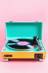 Fototapeta premium Vintage Turntable with Vinyl Record on Pink Background