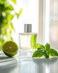 Fresh & Zesty: A captivating image of a sleek perfume bottle surrounded by vibrant green basil leaves and a juicy lime slice, creating a refreshing and aromatic atmosphere.  