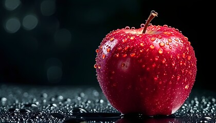 A bright red apple with water drops on it, against a pitch-black background.