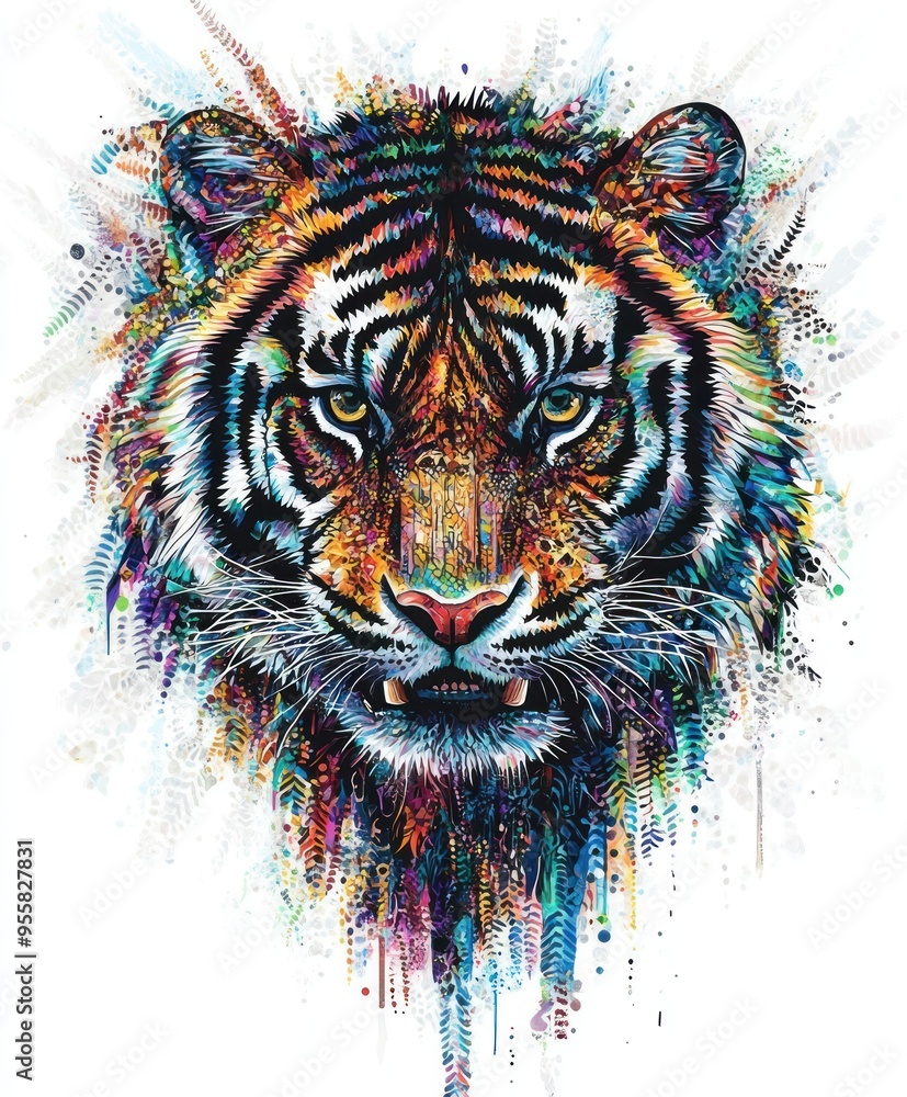 Canvas Prints A vibrant, artistic depiction of a tiger's face, showcasing colorful details and textures.