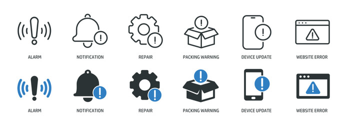 Alarm, alert, and risk line and glyph solid icons collection. Minimal icon and symbol series vector illustration