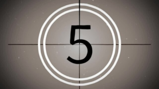 Old movie film countdown. Vintage defocus film look, flicker, grain, scratch effect. Animation.