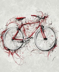 A stylized red bicycle with abstract artistic elements.