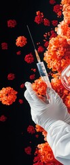 A clinical scene featuring a gloved hand holding a syringe amidst vibrant orange flowers, symbolizing health and healing.