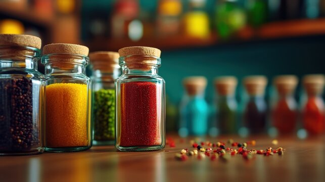 A colorful array of spice jars filled with vibrant spices perfect for culinary inspiration and decoration.