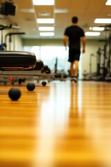 Fototapeta premium A focused moment in a modern gym, featuring equipment and a person walking on a polished wooden floor, ideal for fitness themes.