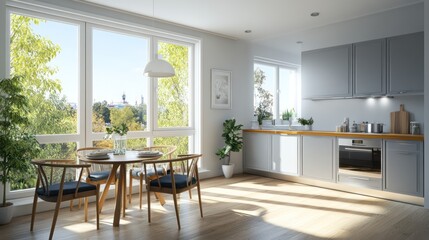 Fototapeta premium Modern Kitchen and Dining Area with Large Window and Natural Light