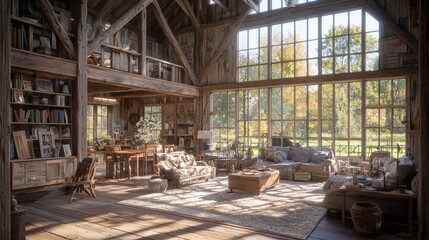 Rustic Cabin Interior with Large Windows and Sunbeams