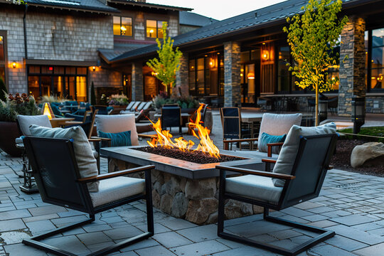 A patio with a fire pit and a stone wall,