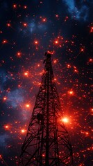 A striking telecommunication tower silhouette against a starry night sky filled with vibrant red and orange lights.