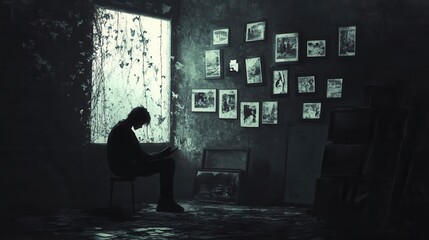 Fototapeta premium A person sitting alone in a dark room, surrounded by memories of their ex.