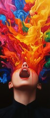 Obraz premium A vibrant explosion of colors emanating from a person's mouth, symbolizing creativity and emotion through art.