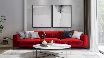 Contemporary living room featuring a ruby red sofa, white marble coffee table, and light gray walls. home interior design concept 