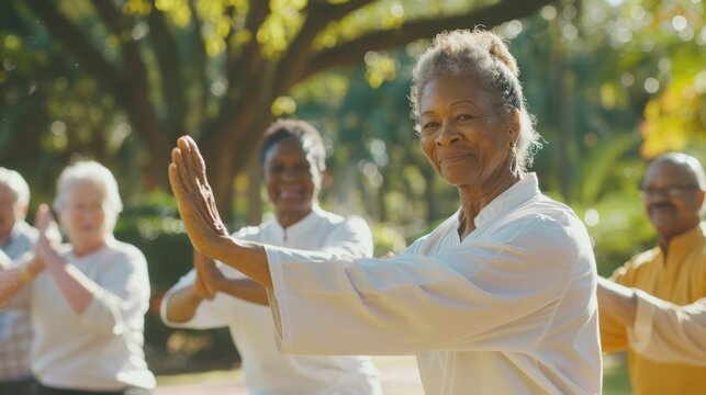 Diverse group practicing Tai Chi in park. Showcases wellness for all ages in natural setting.